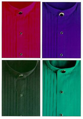 red, green, blue, purple tuxedo shirts banded collar